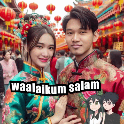 a man and a woman are posing for a picture with the words waalaikum salam written above them
