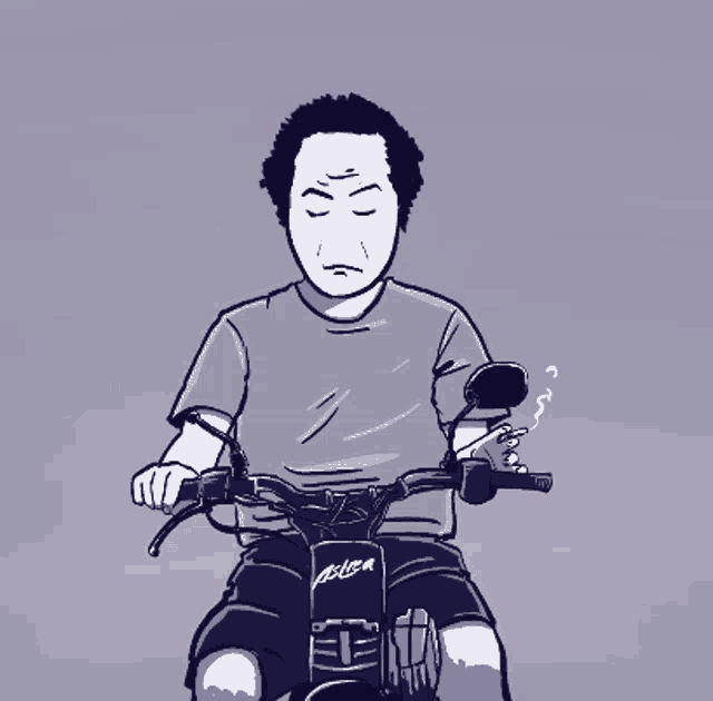 a man smoking a cigarette while riding a motorcycle with the word delta on it
