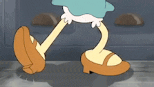 a cartoon character wearing a blue dress and brown shoes is walking .