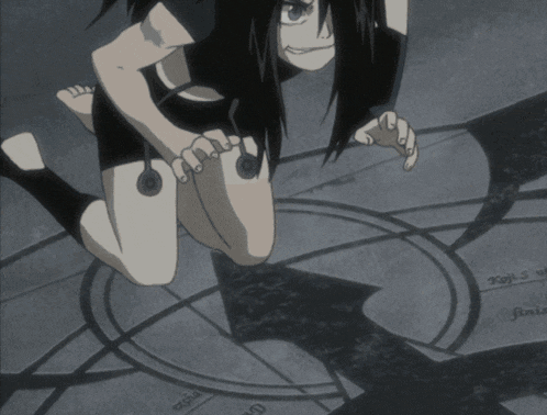 a black and white drawing of a woman kneeling down with a circle in the background that says ' s '