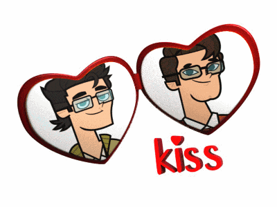 two cartoon men in heart shaped frames with the word kiss in red