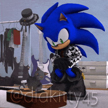 a cartoon of sonic the hedgehog standing next to a guitar and a cat