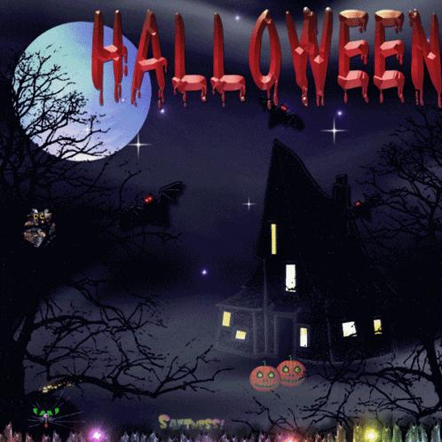 a halloween poster with a haunted house and a black cat