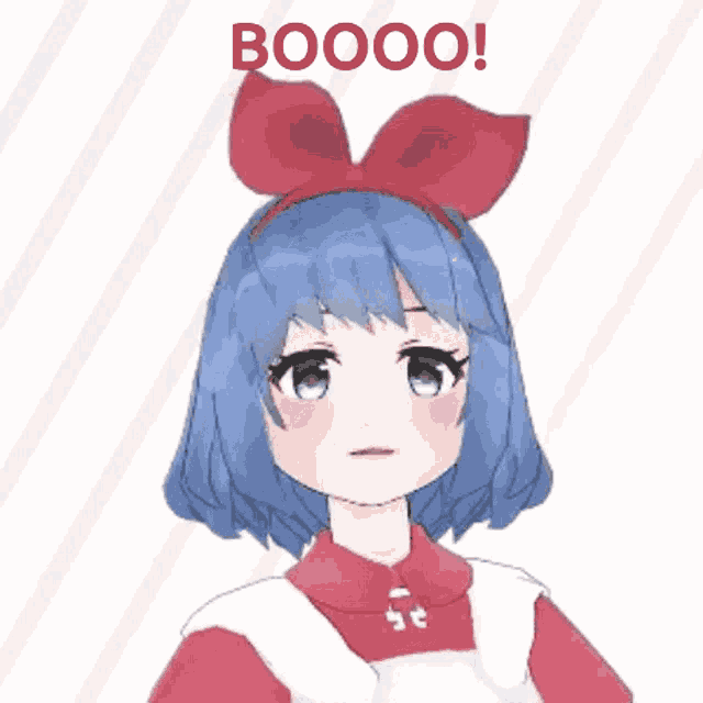 a girl with blue hair has a red bow on her head and the words boooo are above her