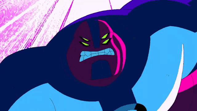 a cartoon character with a purple face and green eyes looks angry