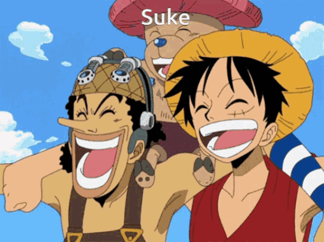 a group of anime characters are laughing and the word sake is above them