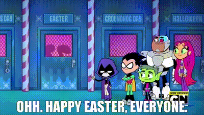 a group of cartoon characters are standing next to each other in front of a building with a sign that says easter .