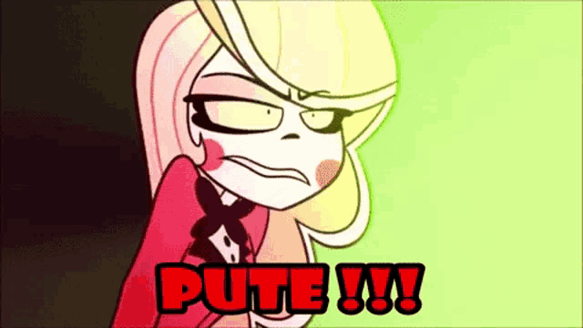 a cartoon character is making a funny face and the word pute is on the bottom of the screen .