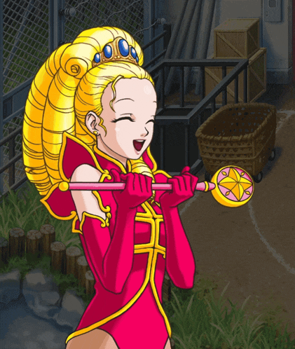 a cartoon of a woman in a red and gold outfit holding a wand
