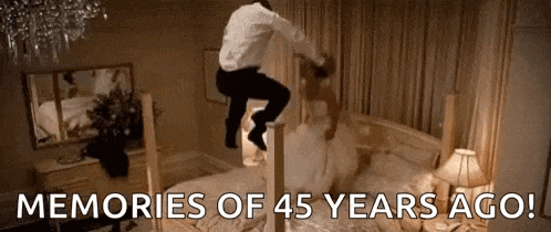 a man and woman are jumping on a bed with the words `` memories of 45 years ago '' written above them .
