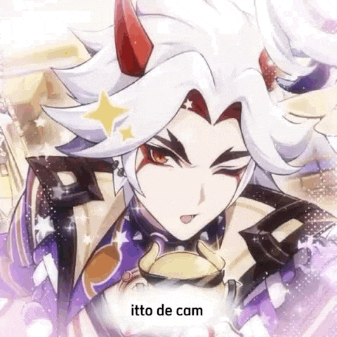 a close up of a cartoon character with horns and a star on his head holding a cup .