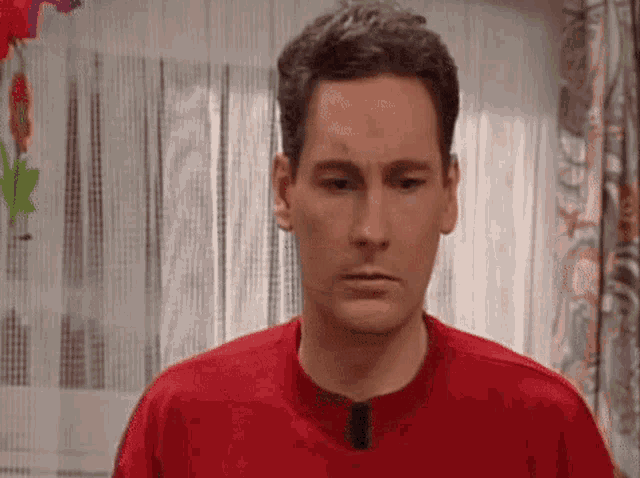 a man in a red shirt is standing in front of a window looking at the camera .