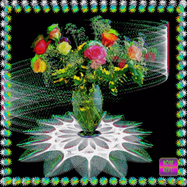 a bouquet of flowers in a vase is surrounded by a colorful floral border