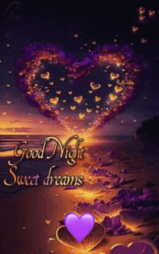 a good night sweet dreams greeting card with a heart made of hearts on a beach