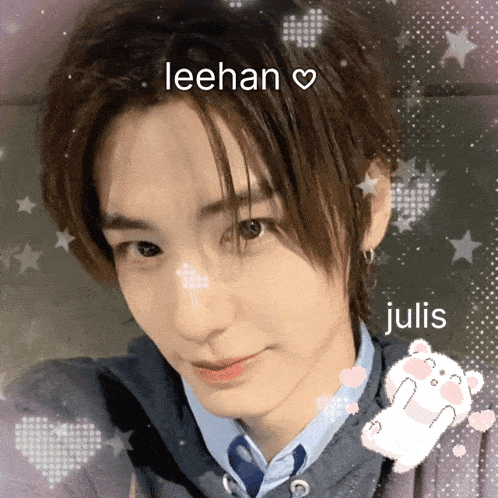 a close up of a person 's face with the name leehan and julis written on it