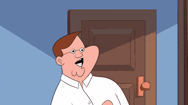 a cartoon man with glasses is standing in front of a brown door