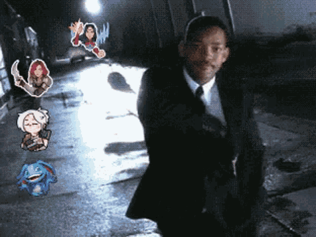 a man in a suit and tie is standing in a dark alleyway surrounded by stickers