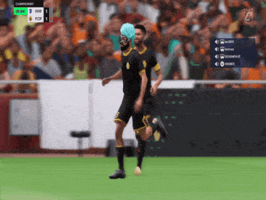 a soccer player wearing a blue wig is running on a field