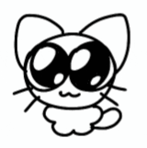 a black and white drawing of a cat with big eyes and a mustache .