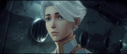 a cartoon character with white hair and blue eyes looks at the camera