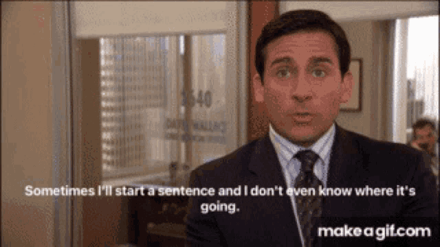 a man in a suit and tie is saying sometimes i 'll start a sentence