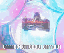 a picture of a toy car in a snow globe with the numbers 01111001 01100001 01111001 on the bottom
