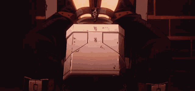 a person in a cage with a box on their chest that says r on it