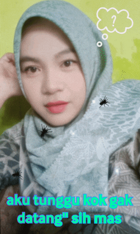 a woman wearing a hijab with spiders on her scarf and the words aku tunggu kok pak datang sih mas below her