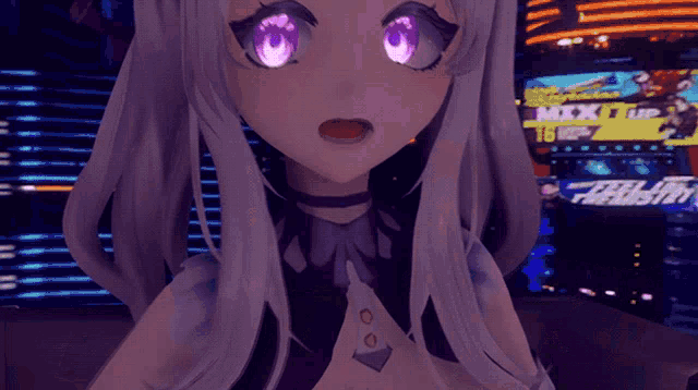 a girl with purple eyes is in front of a sign that says mix up
