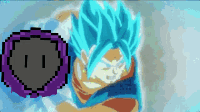 a pixel art of a man with blue hair