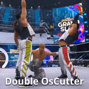 a group of wrestlers are performing a move called double oscutter .