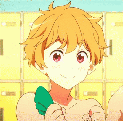 a shirtless anime character with yellow hair and red eyes
