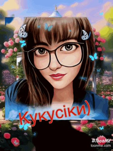 a picture of a girl with glasses and the words " kukuciki " on it