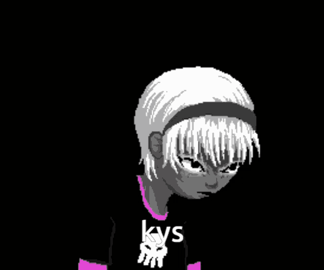 a pixel art drawing of a girl wearing a t-shirt that says kys