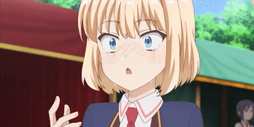 a girl with blonde hair and blue eyes is making a face