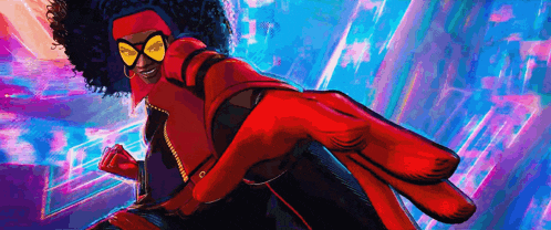 a woman in a red superhero costume is flying through the air with her hand outstretched .