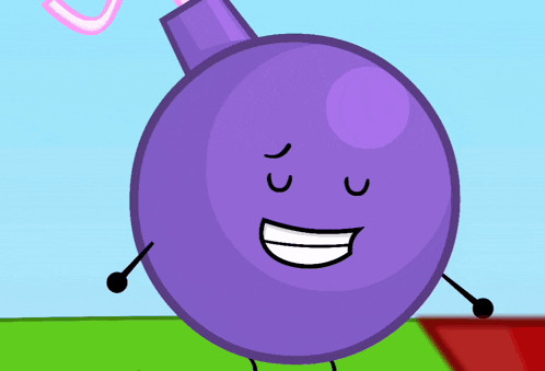 a cartoon purple bomb with a smiling face