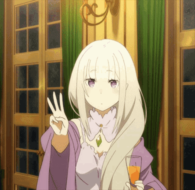 a girl with long white hair is holding a glass and giving a peace sign