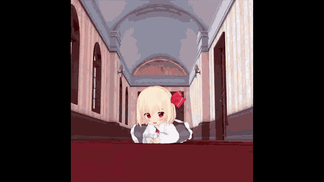 a cartoon girl with blonde hair and red eyes is laying on a red carpet in a hallway