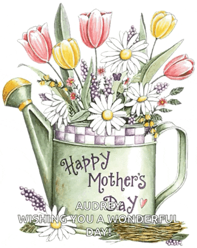 a watering can filled with flowers and the words happy mother 's day
