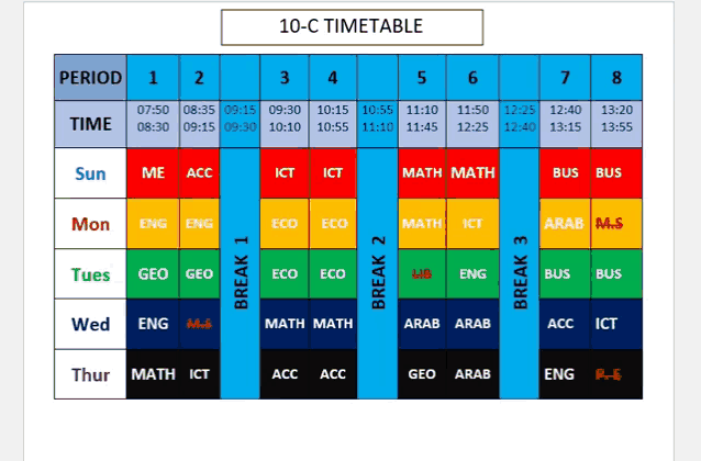 a blue and red timetable with the words 10 c timetable on top