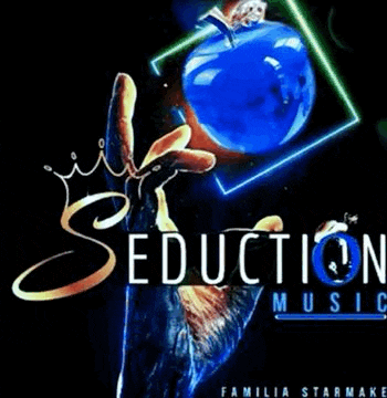 a hand with a crown is holding a blue apple with the words seduction music below it