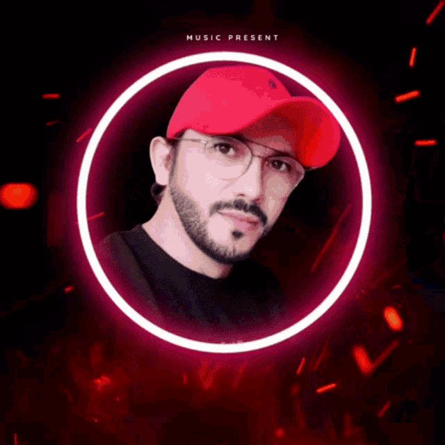 a man wearing a red hat and glasses is surrounded by a circle with the letter d on it