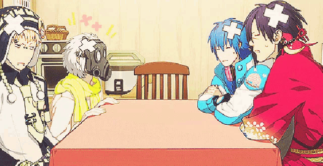 a group of anime characters are sitting at a table