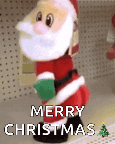 a merry christmas greeting with a santa claus figurine
