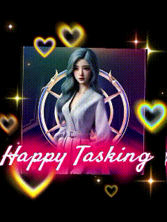 a happy tasking greeting card with a woman in a circle