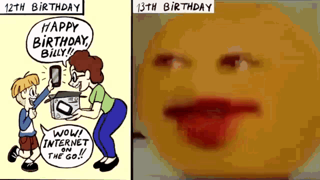 a cartoon of a boy and a woman saying happy birthday billy and wow internet on the go