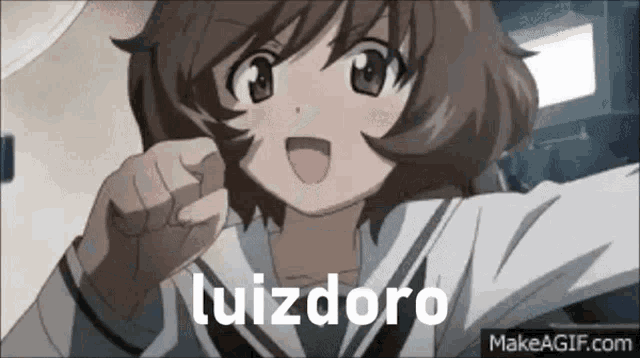a girl in a school uniform is pointing at the camera and says luizdoro