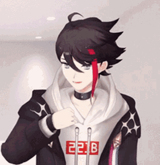 a cartoon character with a hoodie that says 222b on it