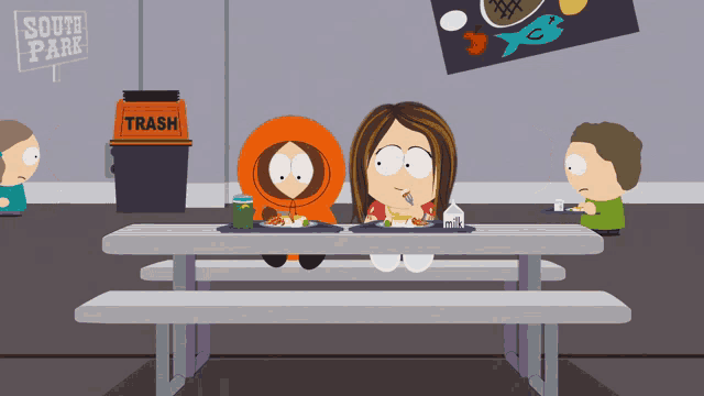 two cartoon characters sitting at a picnic table with a trash can in the background